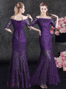 Graceful Mermaid Eggplant Purple Off The Shoulder Neckline Lace Mother of the Bride Dress Half Sleeves Lace Up