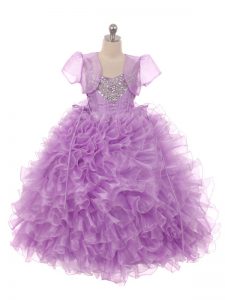 Eggplant Purple Ball Gowns Straps Sleeveless Organza Floor Length Lace Up Beading and Ruffles Kids Pageant Dress
