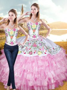 Fantastic Rose Pink Sweetheart Lace Up Embroidery and Ruffled Layers Quinceanera Gowns Sleeveless