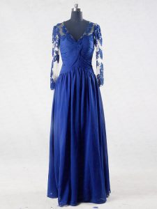 Long Sleeves Chiffon Floor Length Zipper Mother Dresses in Blue with Lace and Appliques