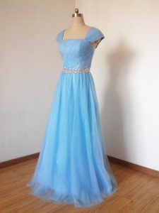 Baby Blue Empire Beading Dama Dress for Quinceanera Zipper Tulle Cap Sleeves Floor Length