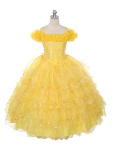 Admirable Yellow Ball Gowns Organza Off The Shoulder Sleeveless Ruffles and Ruffled Layers Floor Length Lace Up Child Pageant Dress