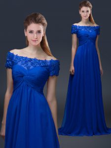 High End Floor Length Empire Short Sleeves Blue Mother of Bride Dresses Lace Up