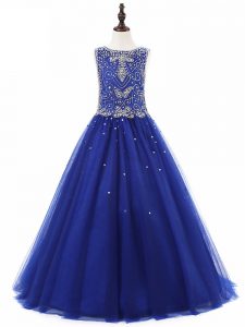 Royal Blue Tulle Lace Up Little Girl Pageant Gowns Sleeveless Floor Length Beading