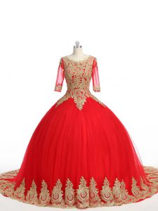 Fantastic Ball Gowns Half Sleeves Red Ball Gown Prom Dress Brush Train Zipper