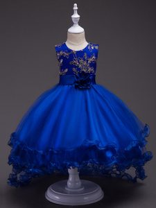Royal Blue Ball Gowns Tulle Scoop Sleeveless Appliques and Hand Made Flower High Low Zipper Girls Pageant Dresses