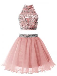 Best Pink High-neck Neckline Beading Quinceanera Court Dresses Sleeveless Zipper