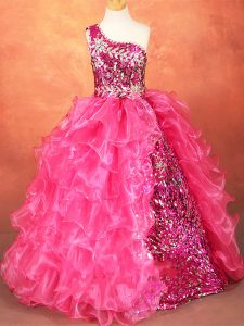 Floor Length Hot Pink Little Girls Pageant Dress Organza Sleeveless Beading and Ruffles and Sequins