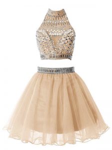 Cheap Sleeveless Knee Length Beading Zipper Dama Dress for Quinceanera with Champagne