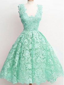 Extravagant A-line Court Dresses for Sweet 16 Apple Green Straps Lace Sleeveless Knee Length Zipper