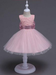 Affordable Tulle Scoop Sleeveless Zipper Lace and Bowknot Little Girls Pageant Dress in Baby Pink