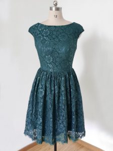 Teal Empire Lace Scoop Cap Sleeves Lace Knee Length Lace Up Court Dresses for Sweet 16