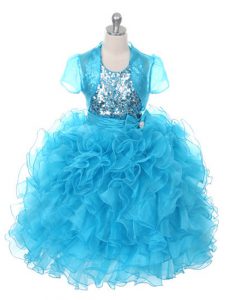 Sleeveless Floor Length Ruffles and Sequins and Bowknot Lace Up Pageant Dress Wholesale with Baby Blue
