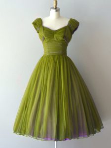 Olive Green Chiffon Lace Up Quinceanera Court Dresses Cap Sleeves Knee Length Ruching