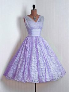 Lavender Lace Up V-neck Lace Court Dresses for Sweet 16 Lace Sleeveless