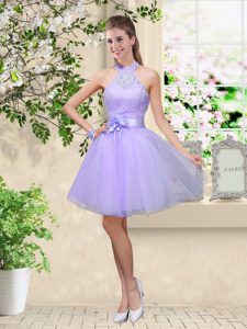 New Style Knee Length Lilac Court Dresses for Sweet 16 Halter Top Sleeveless Lace Up