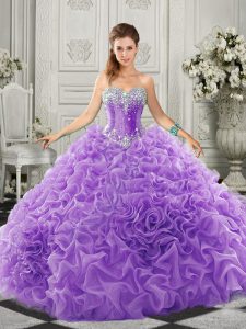 Super Lavender Ball Gowns Sweetheart Sleeveless Organza Court Train Lace Up Beading and Ruffles Sweet 16 Dress