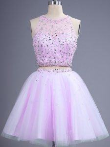 Beautiful Sleeveless Tulle Knee Length Lace Up Quinceanera Court Dresses in Lilac with Beading
