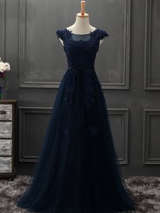 Spectacular Navy Blue Scoop Neckline Beading and Lace and Appliques Mother of Groom Dress Sleeveless Lace Up