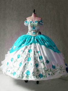 Custom Design Multi-color Ball Gowns Off The Shoulder Cap Sleeves Organza and Taffeta Floor Length Lace Up Embroidery and Ruffles Quinceanera Dresses