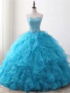 Romantic Baby Blue Lace Up Sweetheart Beading and Ruffles Quinceanera Gowns Organza Sleeveless
