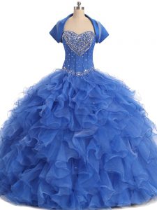 Elegant Blue Strapless Neckline Beading and Ruffles Quinceanera Dress with Jacket Sleeveless Lace Up