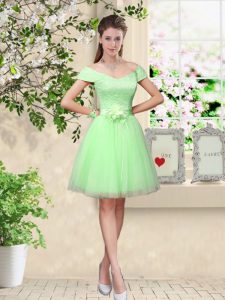Suitable Tulle V-neck Cap Sleeves Lace Up Lace and Belt Quinceanera Dama Dress in Apple Green