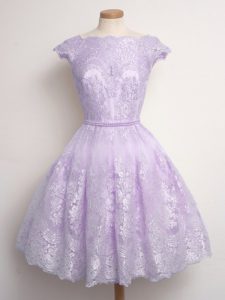 Lavender Cap Sleeves Lace Knee Length Dama Dress