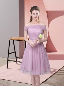 Lavender Side Zipper Off The Shoulder Ruching and Belt Quinceanera Court of Honor Dress Tulle Sleeveless