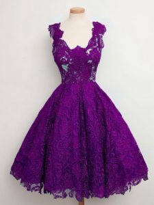 Lace Straps Sleeveless Lace Up Lace Quinceanera Court of Honor Dress in Purple