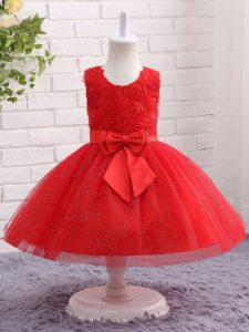 Nice Sleeveless Tulle Mini Length Zipper Evening Gowns in Red with Bowknot