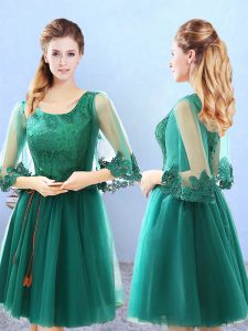 Sophisticated Green A-line Scoop 3 4 Length Sleeve Tulle Knee Length Lace Up Lace and Appliques Quinceanera Court of Honor Dress