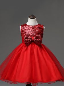 Fantastic Tea Length Zipper Pageant Gowns For Girls Red for Wedding Party with Sequins and Bowknot