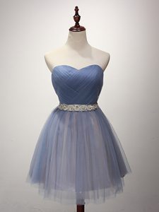 Noble Blue A-line Tulle Sweetheart Sleeveless Beading and Ruching Mini Length Lace Up Quinceanera Court of Honor Dress