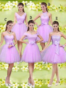 Knee Length Lace Up Damas Dress Lilac for Prom and Party with Lace and Belt