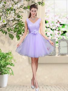 Suitable V-neck Sleeveless Lace Up Dama Dress for Quinceanera Lilac Tulle