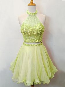 Ideal Yellow Green Halter Top Lace Up Beading Quinceanera Court Dresses Sleeveless