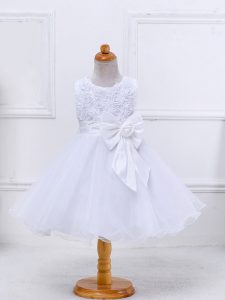 Fancy Scoop Sleeveless Pageant Gowns For Girls Mini Length Bowknot White Organza