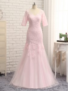 Baby Pink Zipper V-neck Lace and Appliques Mother of Groom Dress Tulle Half Sleeves