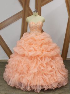 Deluxe Peach Sweet 16 Dresses Prom and Party and Military Ball and Sweet 16 and Quinceanera with Beading and Ruffles and Pick Ups Sweetheart Sleeveless Sweep Train Lace Up