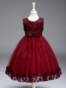 Pretty Tulle Scoop Sleeveless Zipper Lace and Bowknot Girls Pageant Dresses in Burgundy