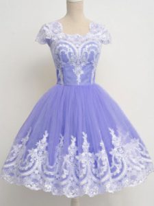 Lace Quinceanera Court Dresses Lavender Zipper Cap Sleeves Knee Length