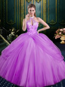Lilac Halter Top Lace Up Beading and Pick Ups Sweet 16 Quinceanera Dress Sleeveless