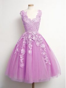 Lilac V-neck Neckline Appliques Court Dresses for Sweet 16 Sleeveless Lace Up