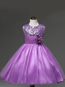 Modern Lilac Zipper Scoop Sequins and Hand Made Flower Pageant Dresses Tulle Sleeveless