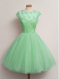 Beautiful Turquoise Ball Gowns Tulle Scoop Cap Sleeves Lace Knee Length Lace Up Dama Dress for Quinceanera