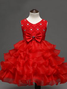 Glorious Red Ball Gowns Lace and Ruffled Layers and Bowknot Girls Pageant Dresses Zipper Organza Sleeveless Knee Length