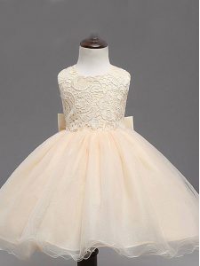 Champagne Scoop Neckline Lace and Bowknot Flower Girl Dress Sleeveless Backless