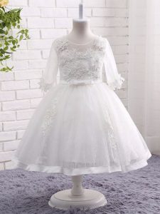 White Short Sleeves Tea Length Lace and Appliques Zipper Pageant Dress for Girls