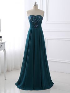 Stylish Sleeveless Floor Length Sequins and Ruching Zipper Mother of Groom Dress with Teal